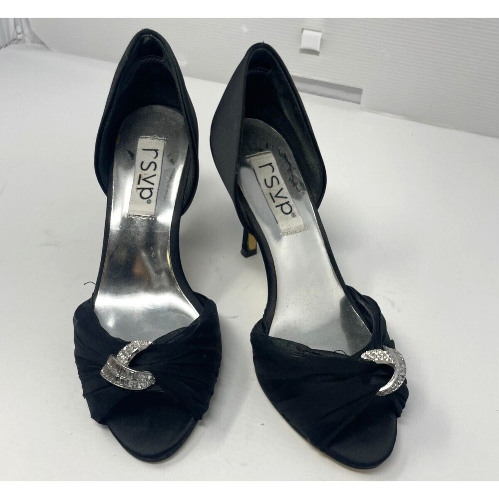RSVP Black Satin Size 5.5 M Leather Sole High Heel Open Toed Pump Crystal